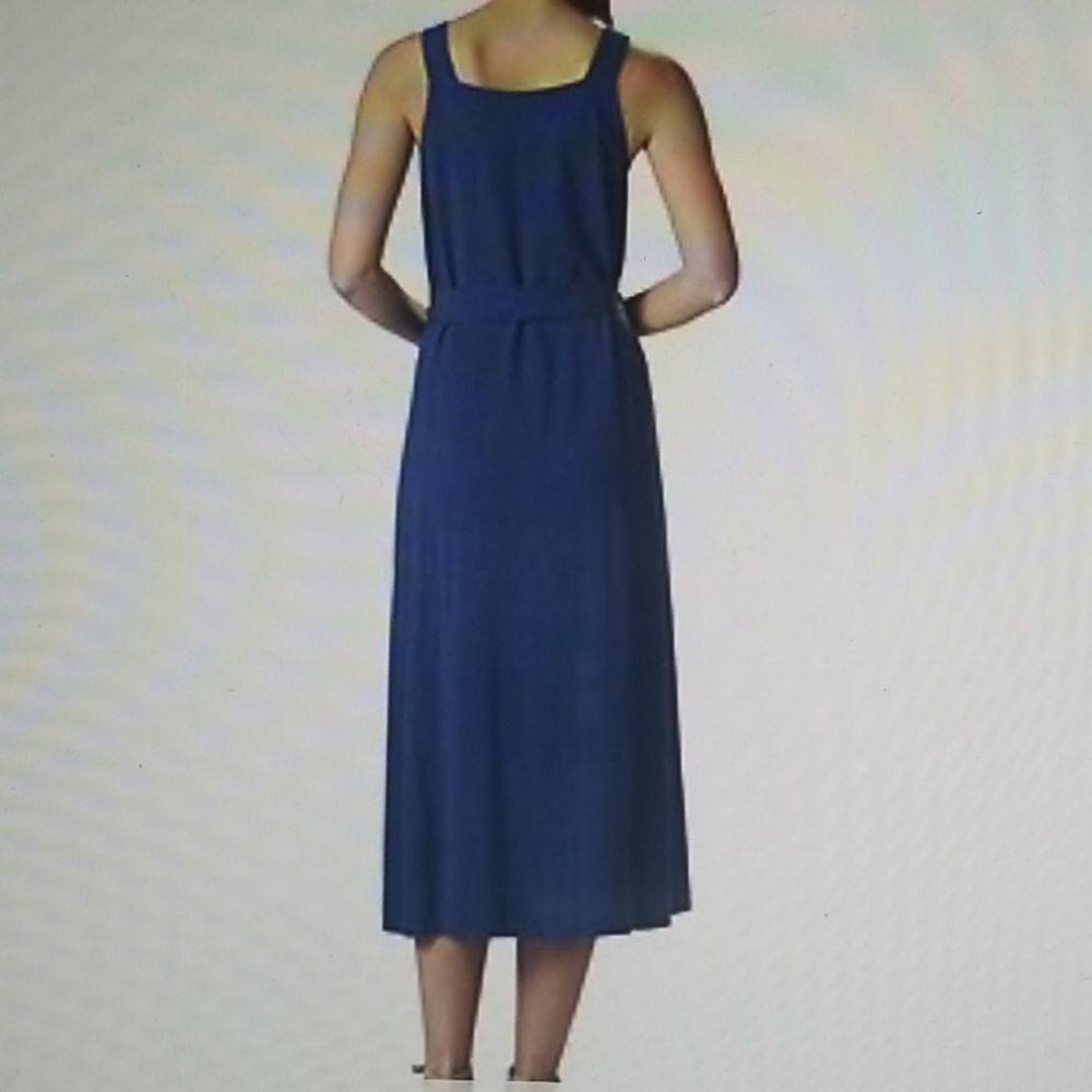 GILLI DENIM JEAN LINEN SLEEVELESS BELTED BLUE MIDI DRESS S - Picture 2 of 6